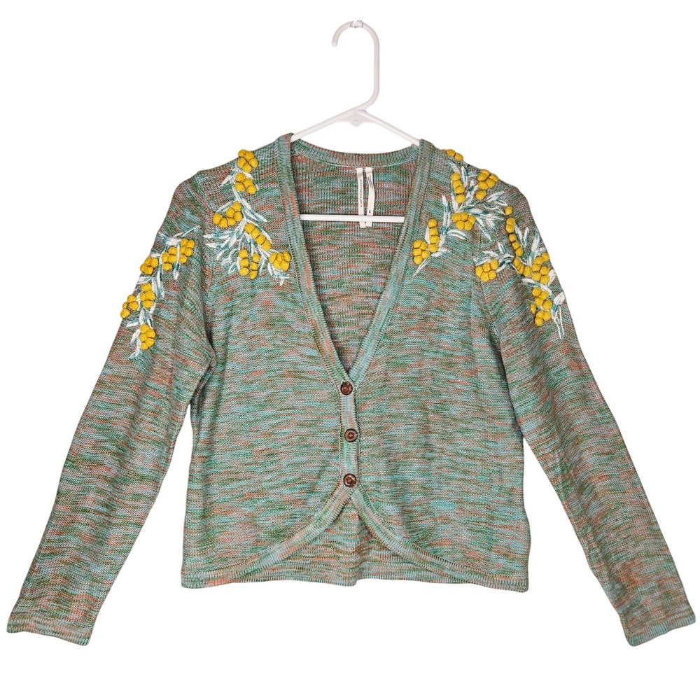 Anthropologie Womens Blue-Green Embroidered Floral Cardigan Sweater MP Feminine